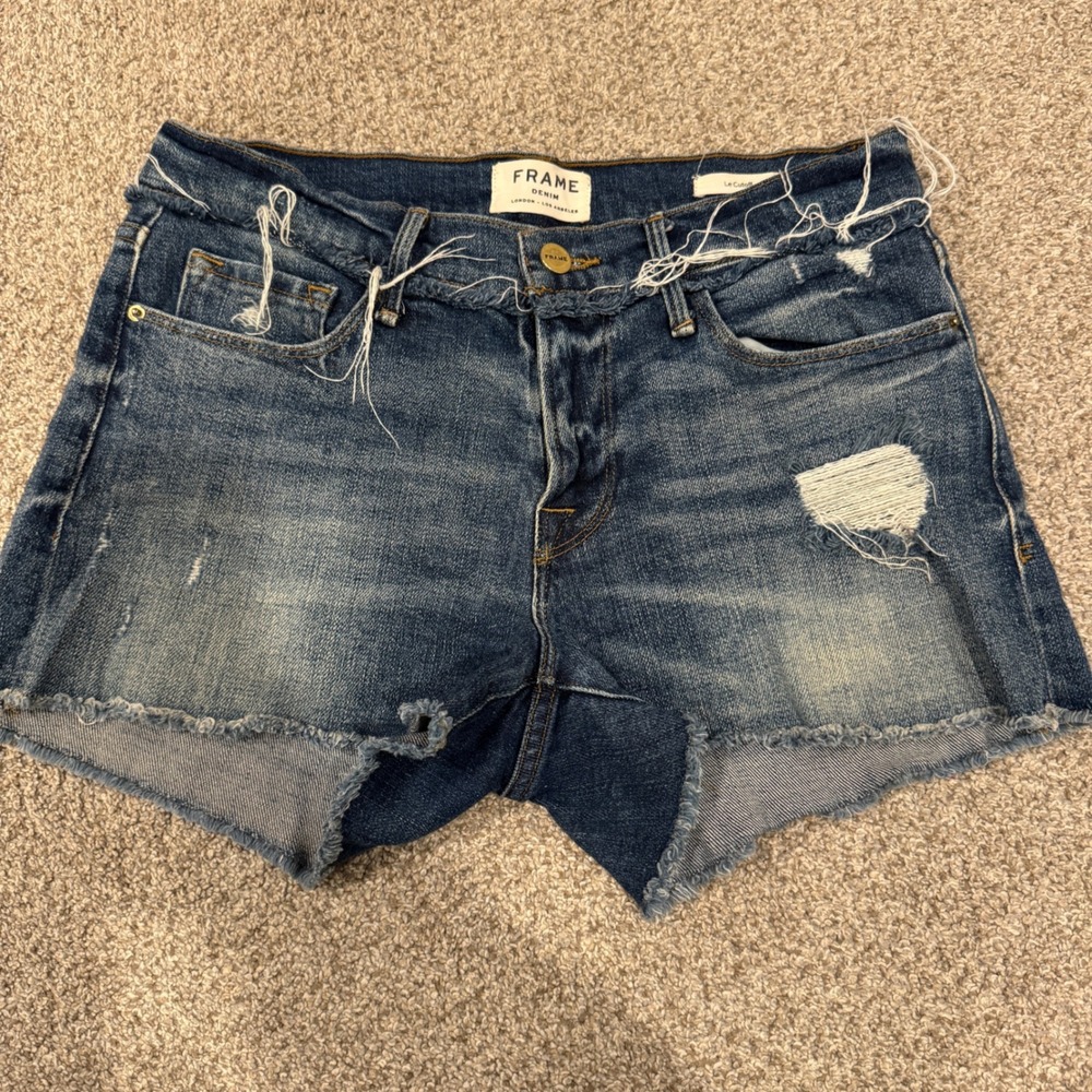 Frame Denim Le Cutoff Distressed Raw Hem Jean Shorts Medium Wash Womens Size 27